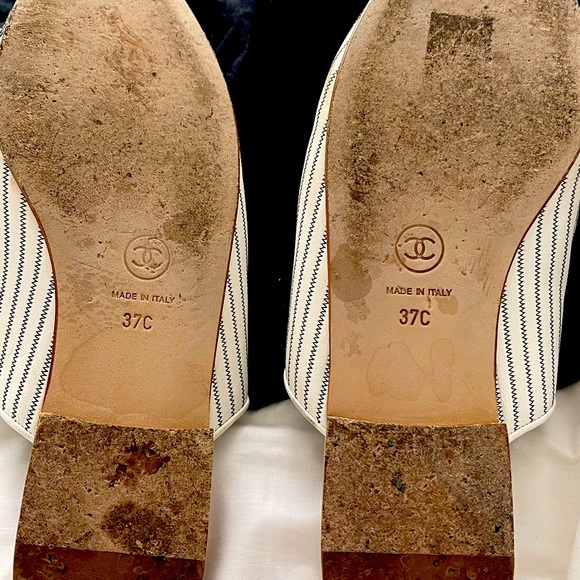 Chanel grey and white striped slip on flats. - Picture 4 of 8